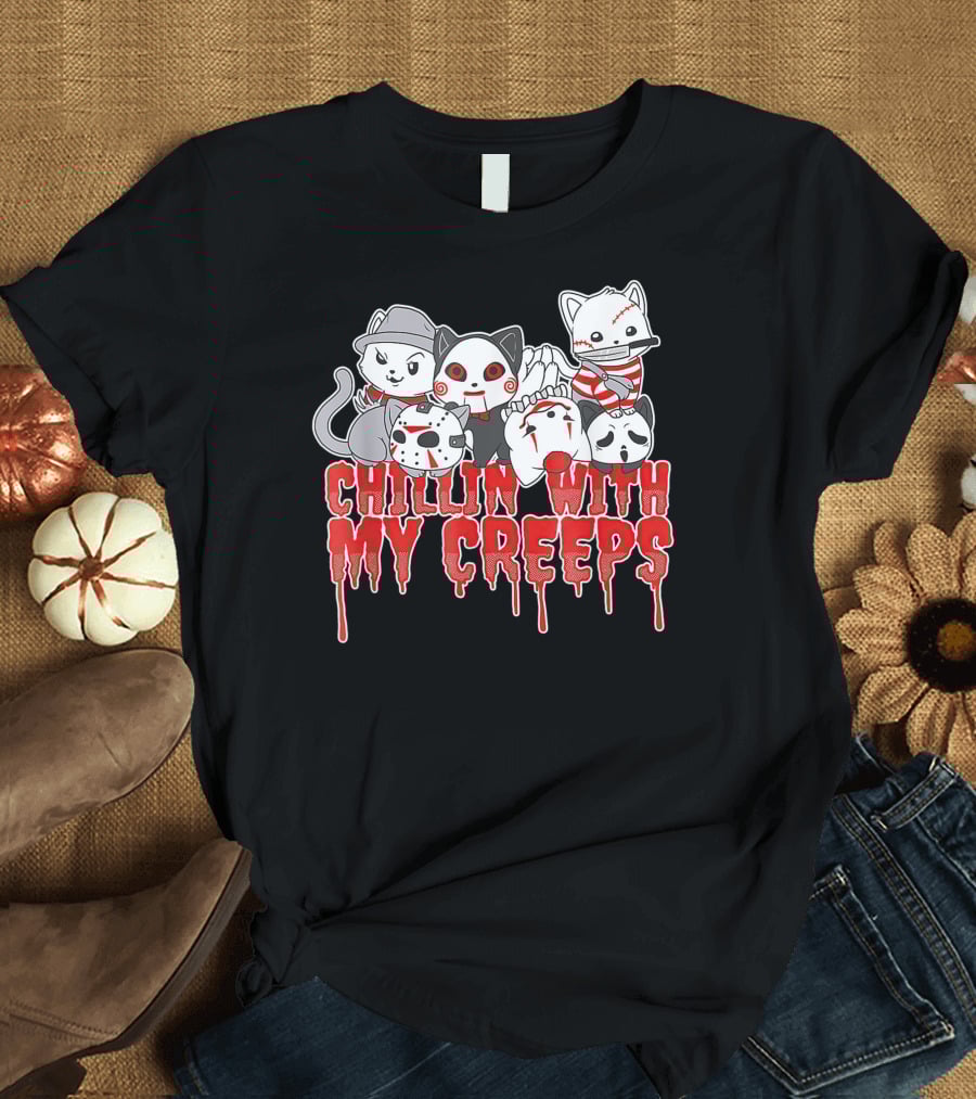 Chillin With My Creeps Halloween Cats In Costumes T-Shirt