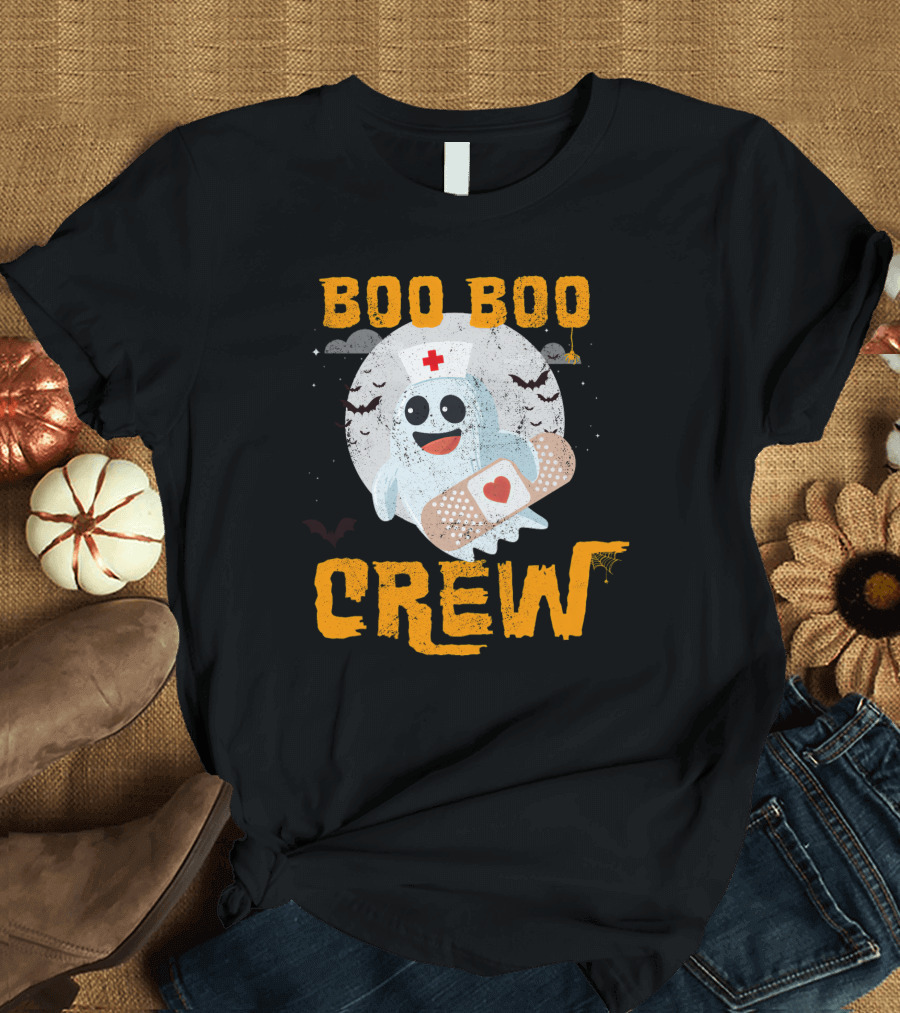 Boo Boo Crew Nurse Ghost with Bandage and Bats Moon Halloween T-Shirt
