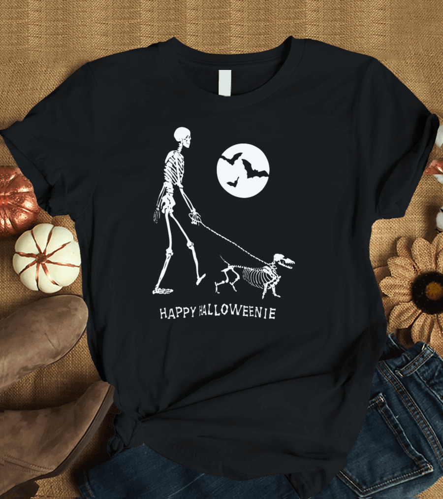 Happy Halloweenie Dachshund Skeleton Moon Bats T-Shirt