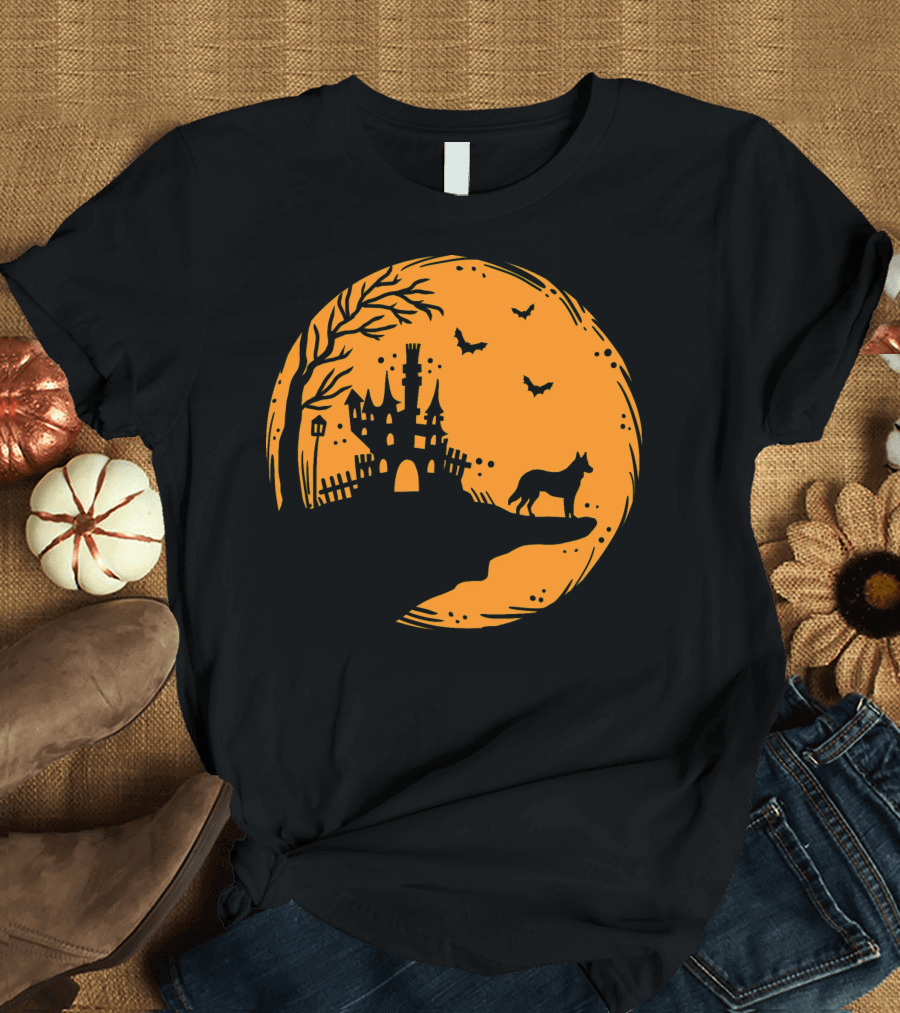 Halloween Dog Silhouette with Haunted Castle and Bats T-Shirt