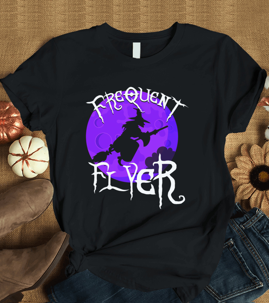 Frequent Flyer Witch Broom Silhouette Against Purple Moon T-Shirt