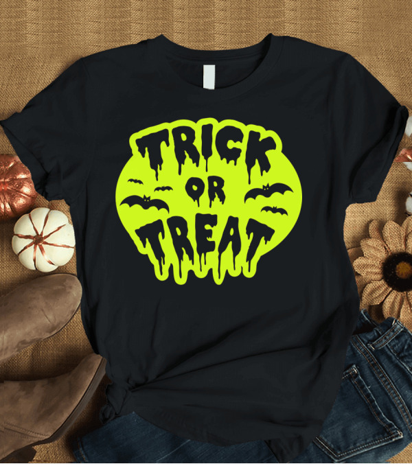 T-Shirt: Gladditudes Trick or Treat Dripping Font with Bats T-Shirt Gladditudes Trick or Treat Dripping Font with Bats T-Shirt
