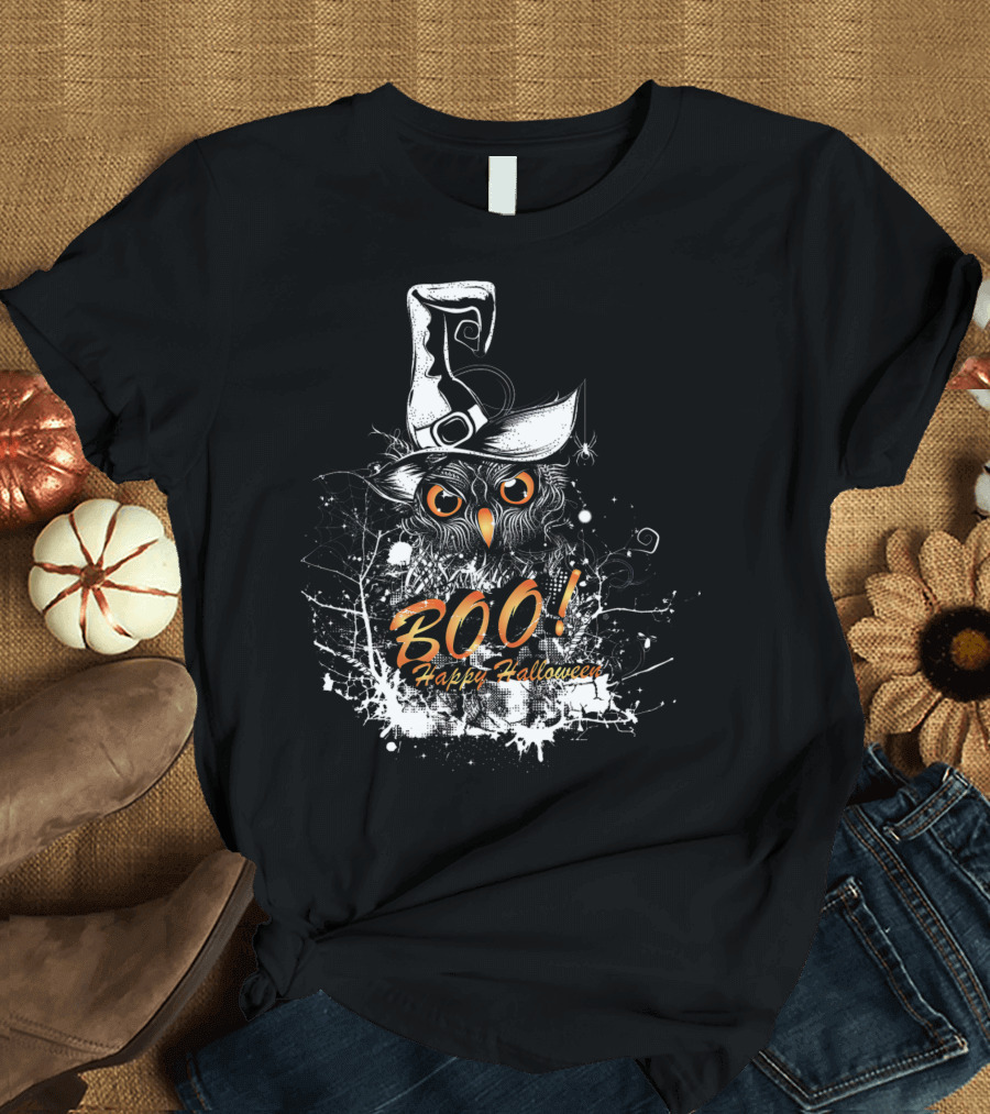 BOO Happy Halloween Owl with Witch Hat T-Shirt