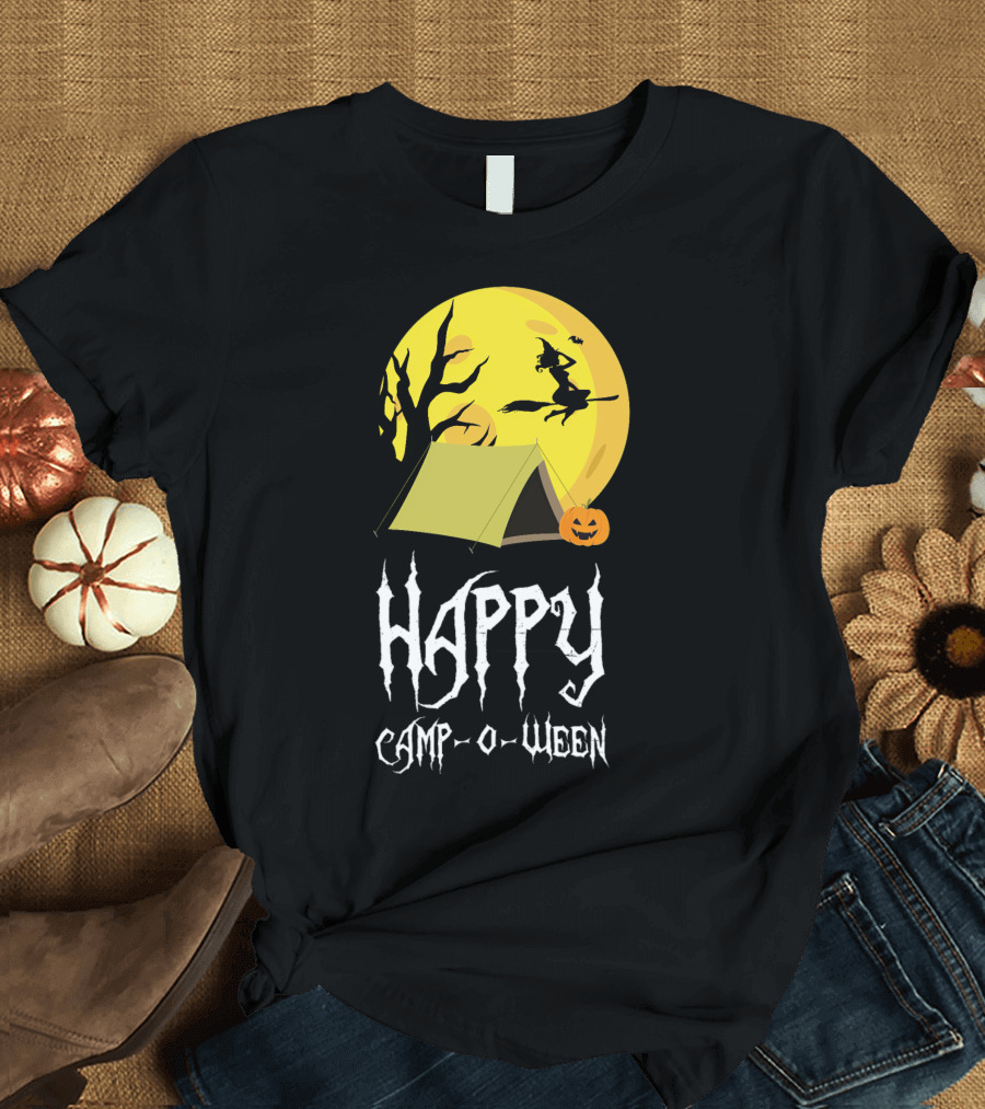 Happy Camp O Ween with Witch and Pumpkin Camping Under Full Moon T-Shirt