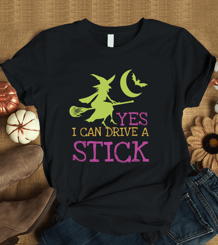 Yes I Can Drive a Lacrosse Stick Witch Halloween Moon Bat T-Shirt