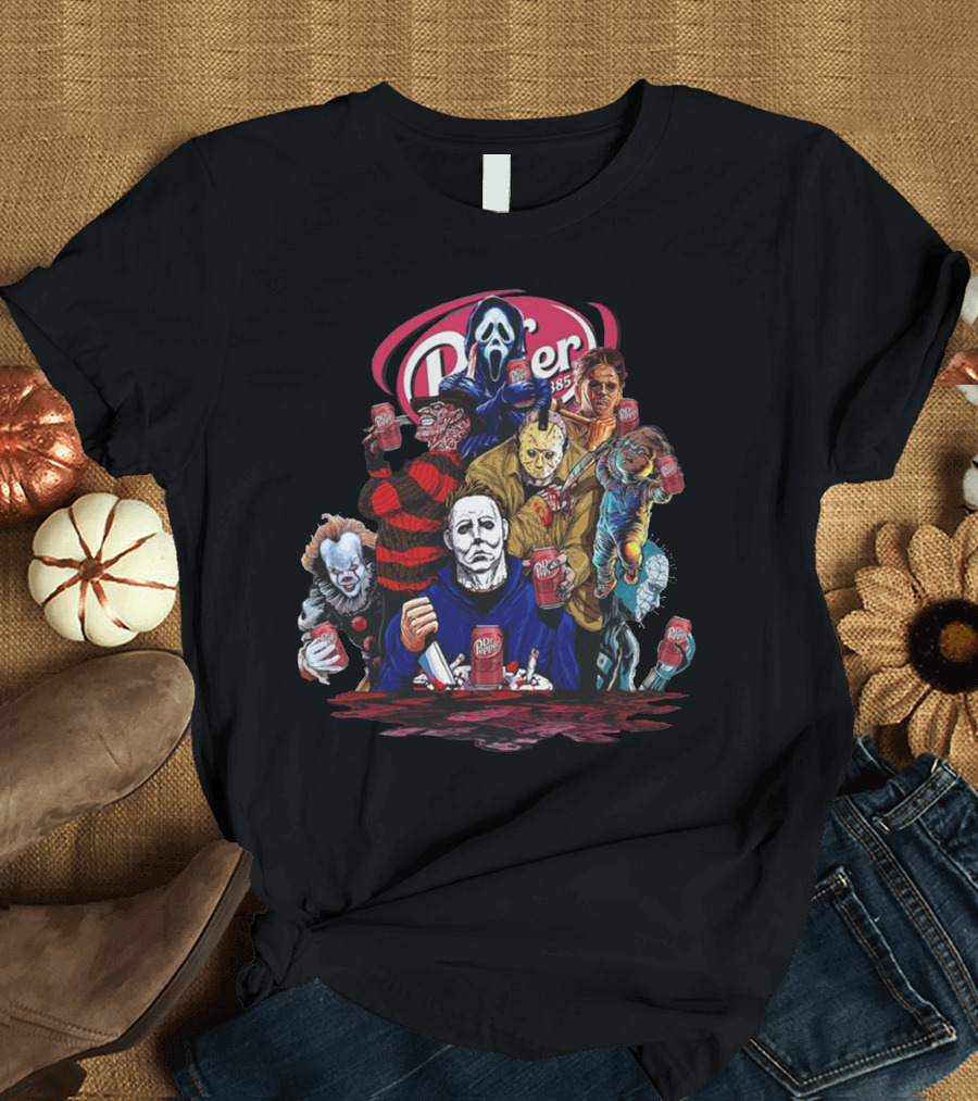 Dr Pepper Halloween Icons with Classic Horror Figures Holding Cans T-Shirt