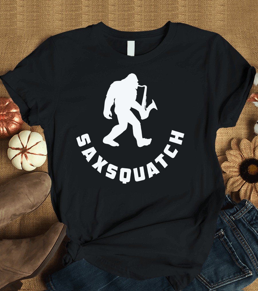 Saxsquatch Saxophone Playing Bigfoot Walking T-Shirt