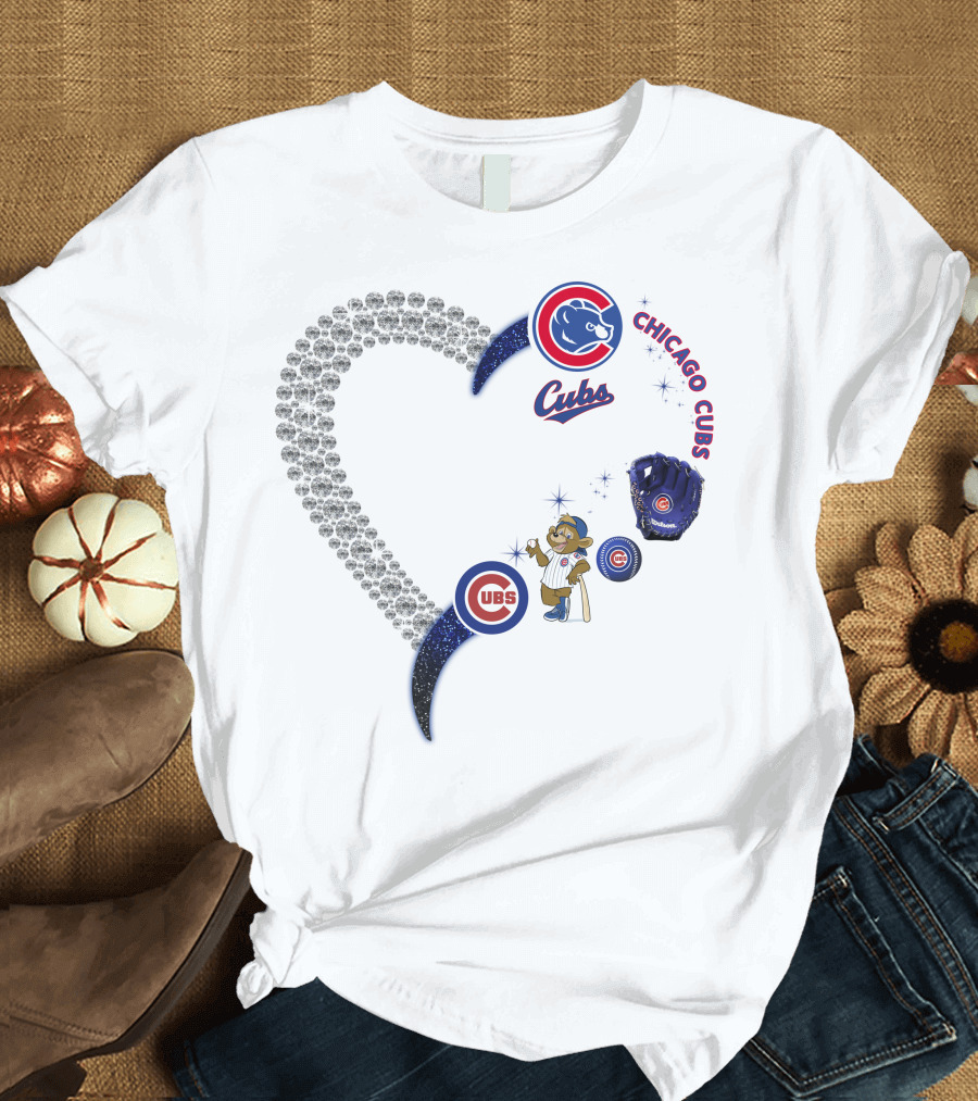 Chicago Cubs Heart Design with Logos and Bear Mascot T-Shirt