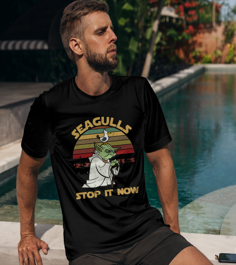Seagulls STOP IT NOW Retro Yoda Parody With Seagull On Head T-Shirt