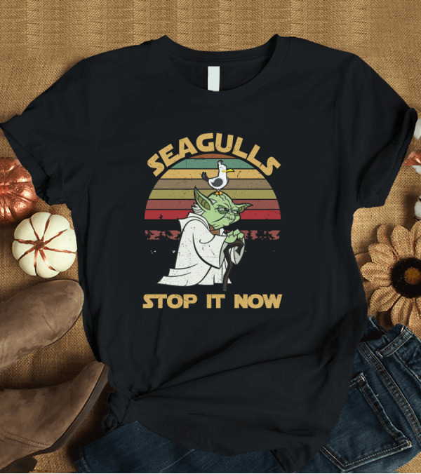 T-Shirt: Seagulls STOP IT NOW Retro Yoda Parody with Seagull on Head T-Shirt Seagulls STOP IT NOW Retro Yoda Parody with Seagull on Head T-Shirt