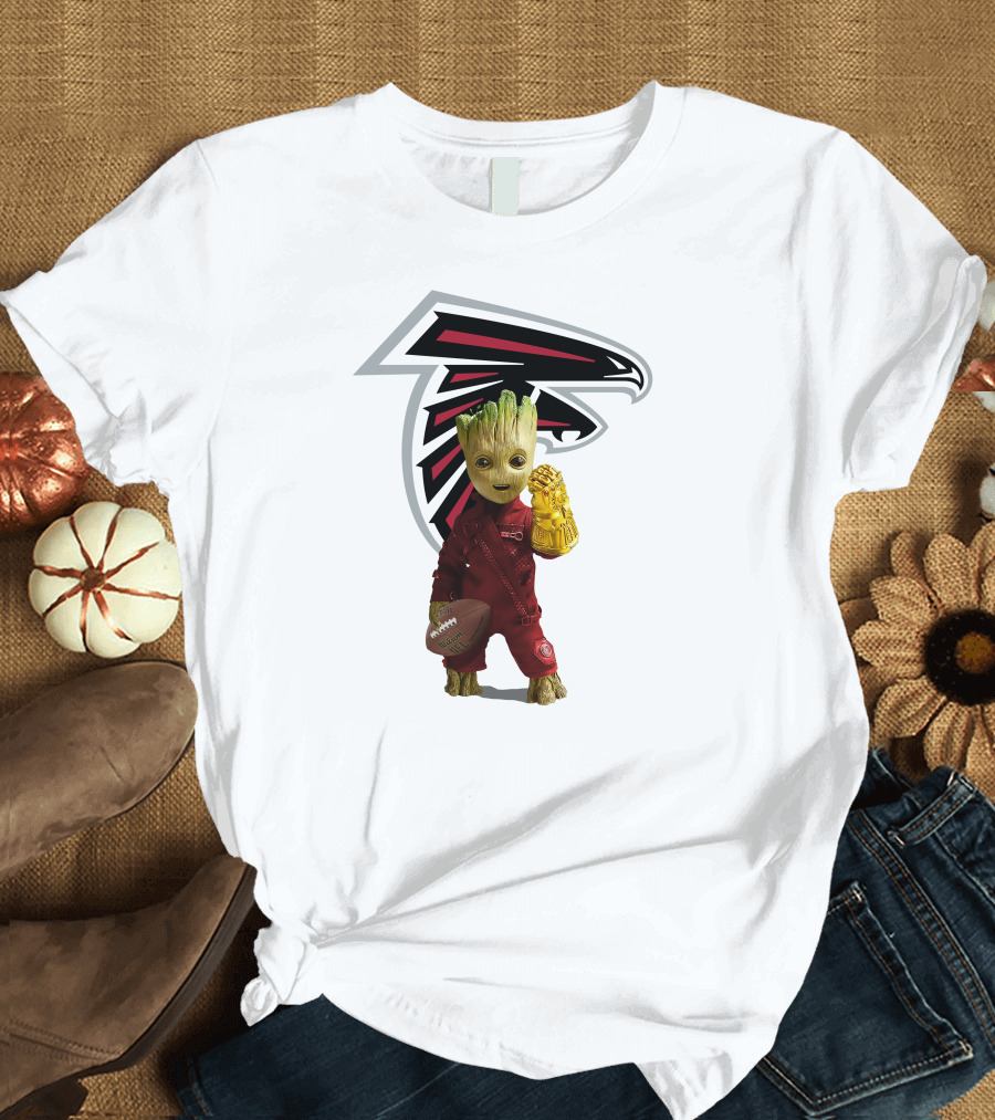 Atlanta Falcons Groot Holding Football and Glove T-Shirt