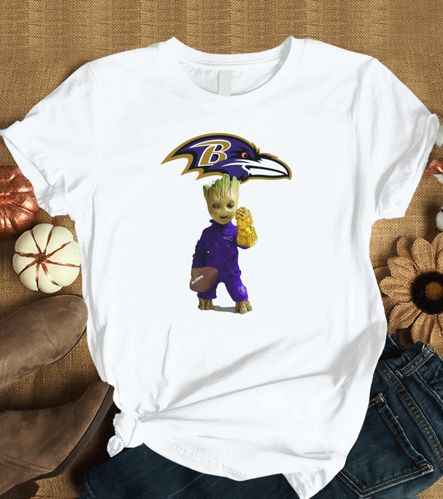 Baltimore Ravens Groot Holding Football and Infinity Gauntlet T-Shirt