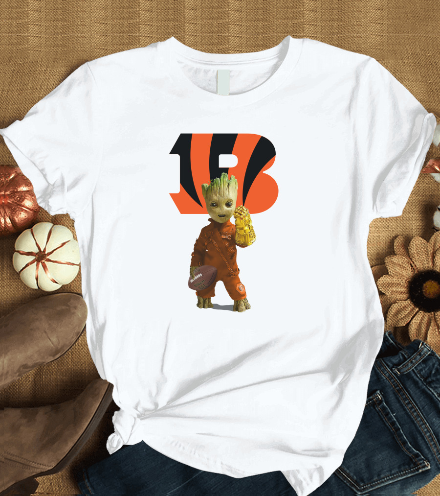 Cincinnati Bengals Groot Holding Football with Infinity Gauntlet T-Shirt
