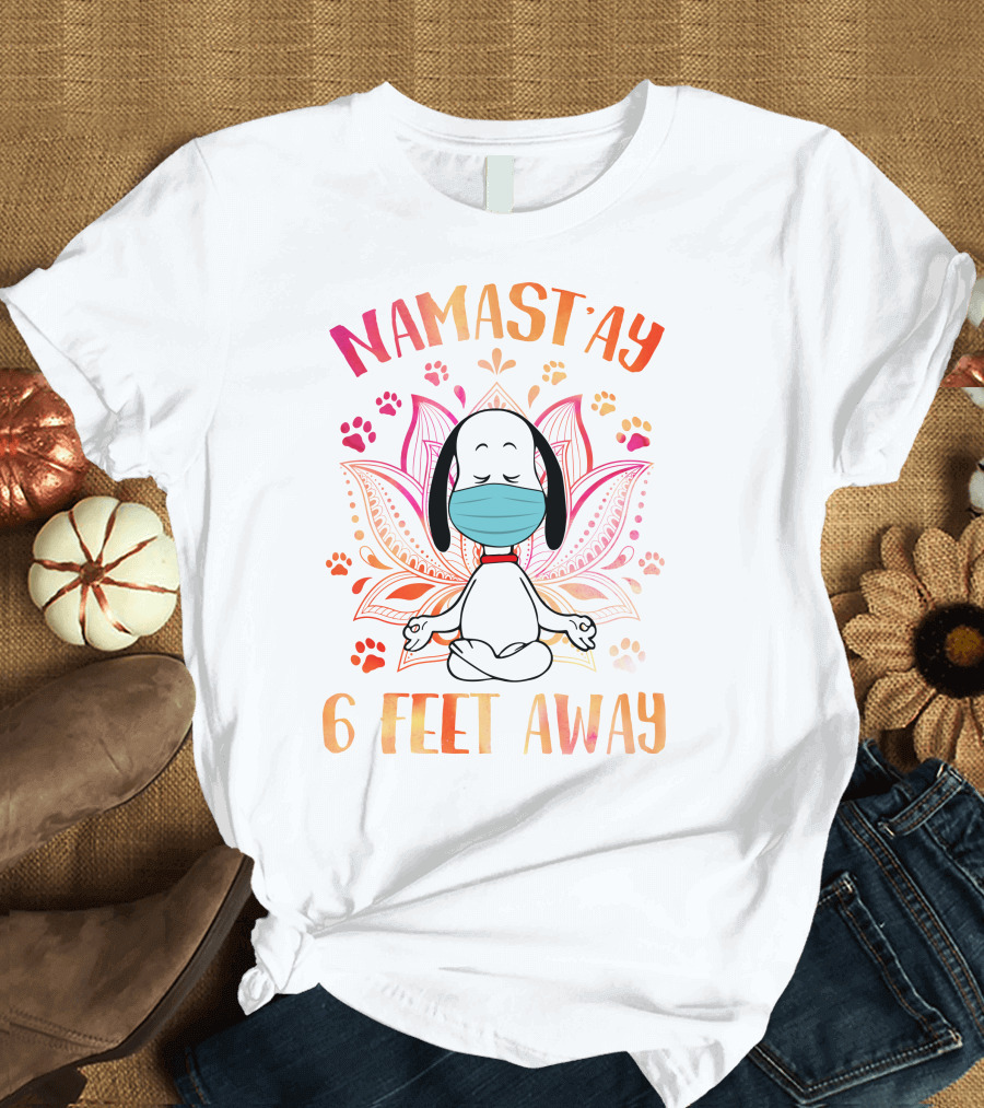 Namastay 6 Feet Away Masked Meditating Dog with Mandala and Paw Prints T-Shirt