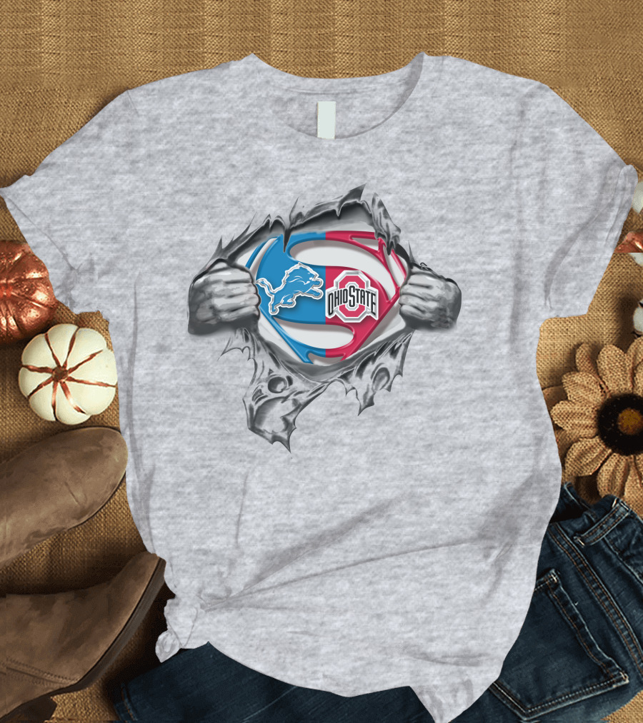 Detroit Lions Ohio State Buckeyes Superman Logo Tear T-Shirt