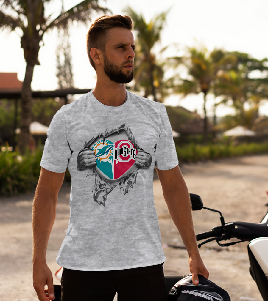 Miami Dolphins Ohio State Buckeyes Heart Torn T-Shirt