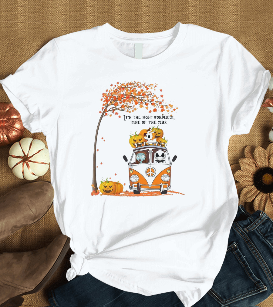 Jack Skellington Pumpkin It's The Most Wonderful Time Of The Year Autumn Van With Pumpkins and Tree T-Shirt