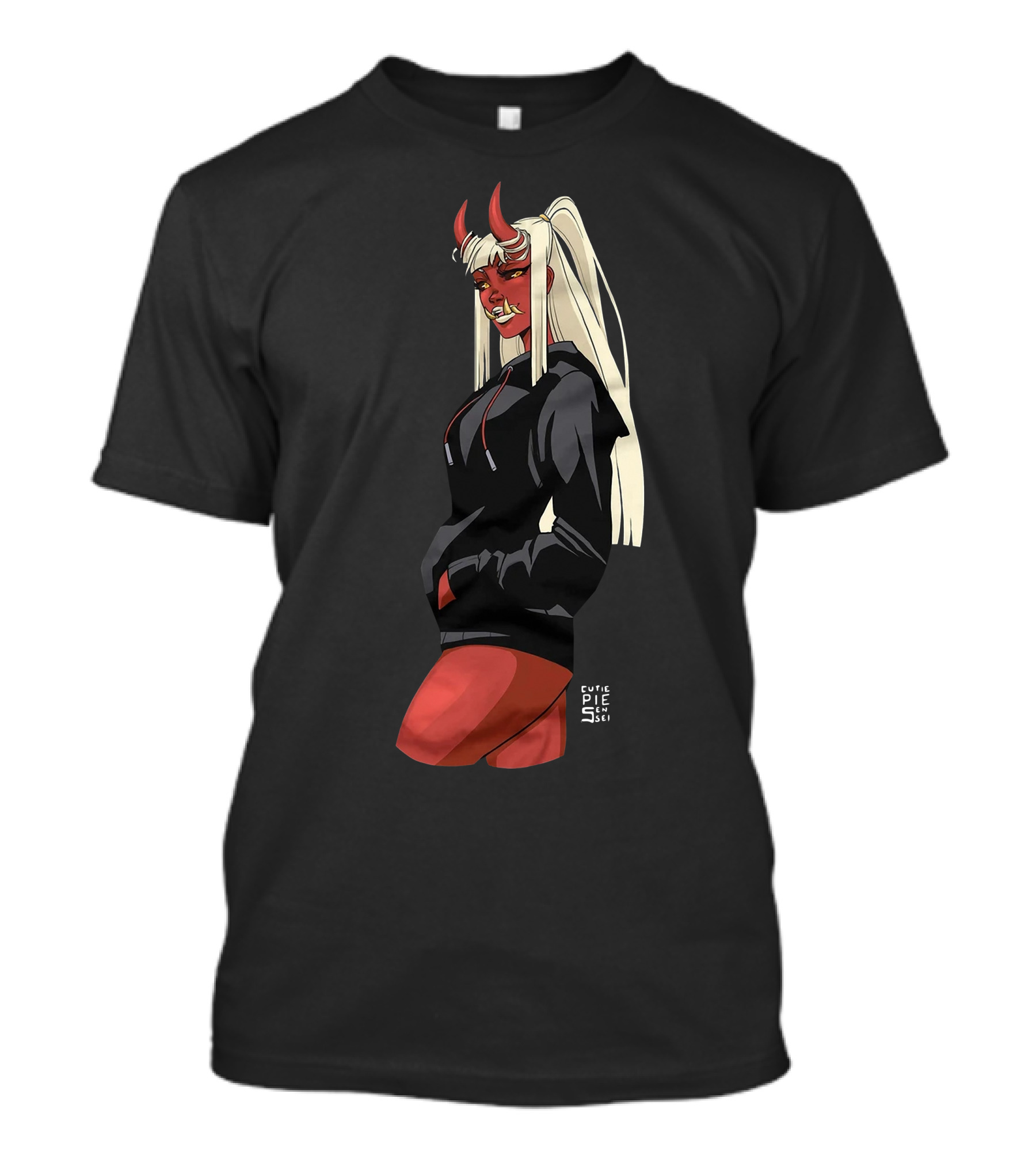 Cutie Pie Sensei X Redpop Oni Chan Demon Girl In Black Hoodie With Red Horns And Long Blonde Hair T-Shirt