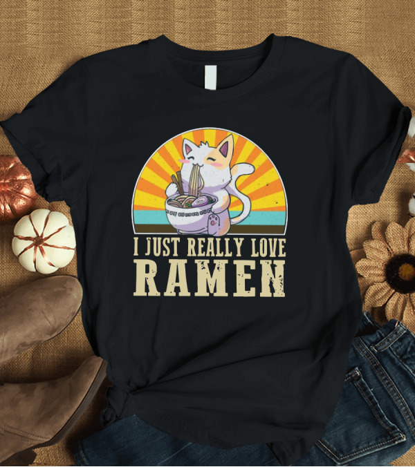 T-Shirt: Cat Enjoying Ramen with Sunburst Background Graphics T-Shirt Cat Enjoying Ramen with Sunburst Background Graphics T-Shirt