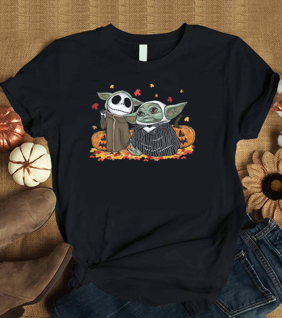 Pumpkin Halloween Baby Yoda Jack Skellington Autumn Leaves T-Shirt