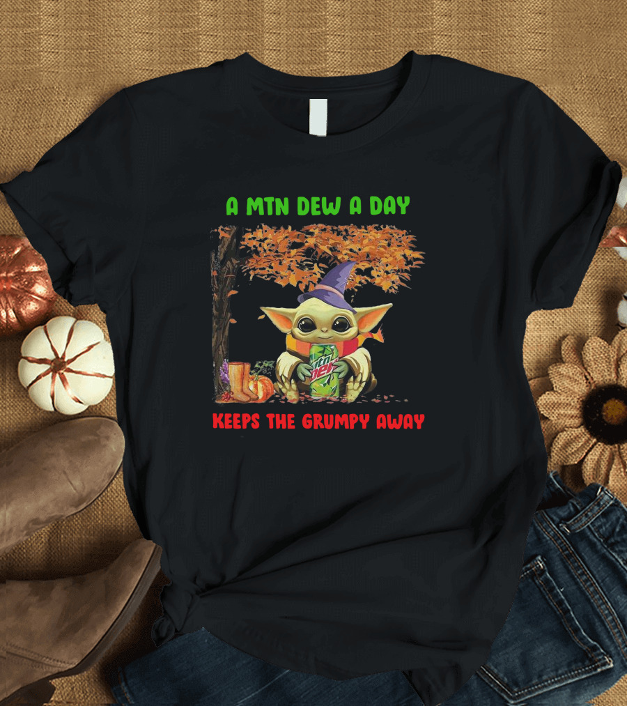 A Mtn Dew A Day Keeps The Grumpy Away Halloween Baby Yoda T-Shirt