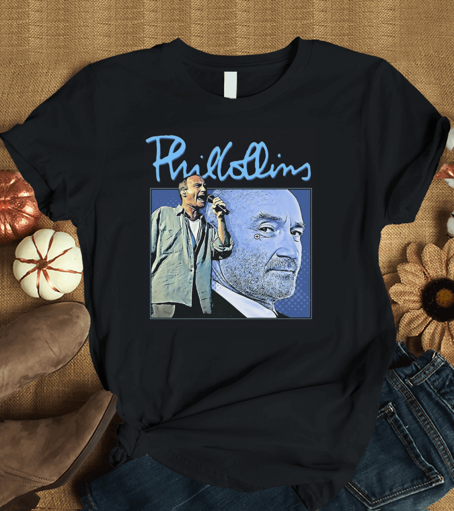 Phil Collins Blue Portrait with Microphone Performance T-Shirt