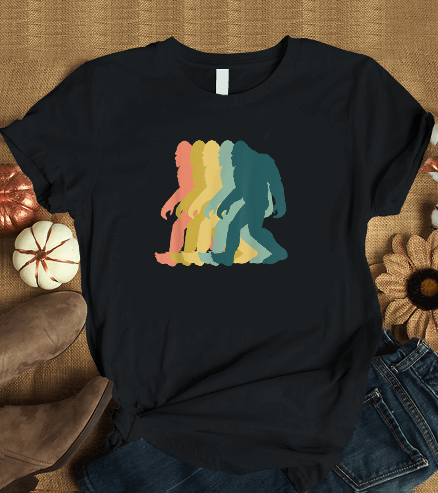 Vintage Retro Rainbow Walking Bigfoot Silhouette 1970s T-Shirt