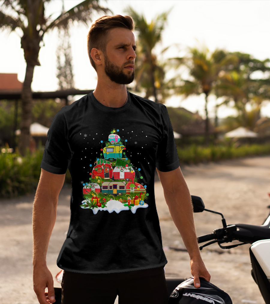Christmas Tree Made Of Colorful Camping Trailers With Snowflakes And Presents T-Shirt