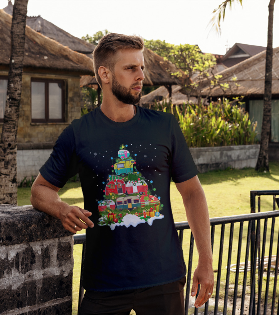 Christmas Tree Made Of Colorful Camping Trailers With Snowflakes And Presents T-Shirt