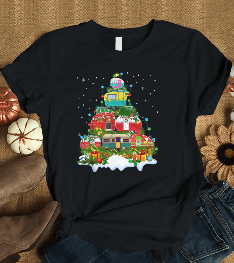 Christmas Tree Made Of Colorful Camping Trailers With Snowflakes And Presents T-Shirt