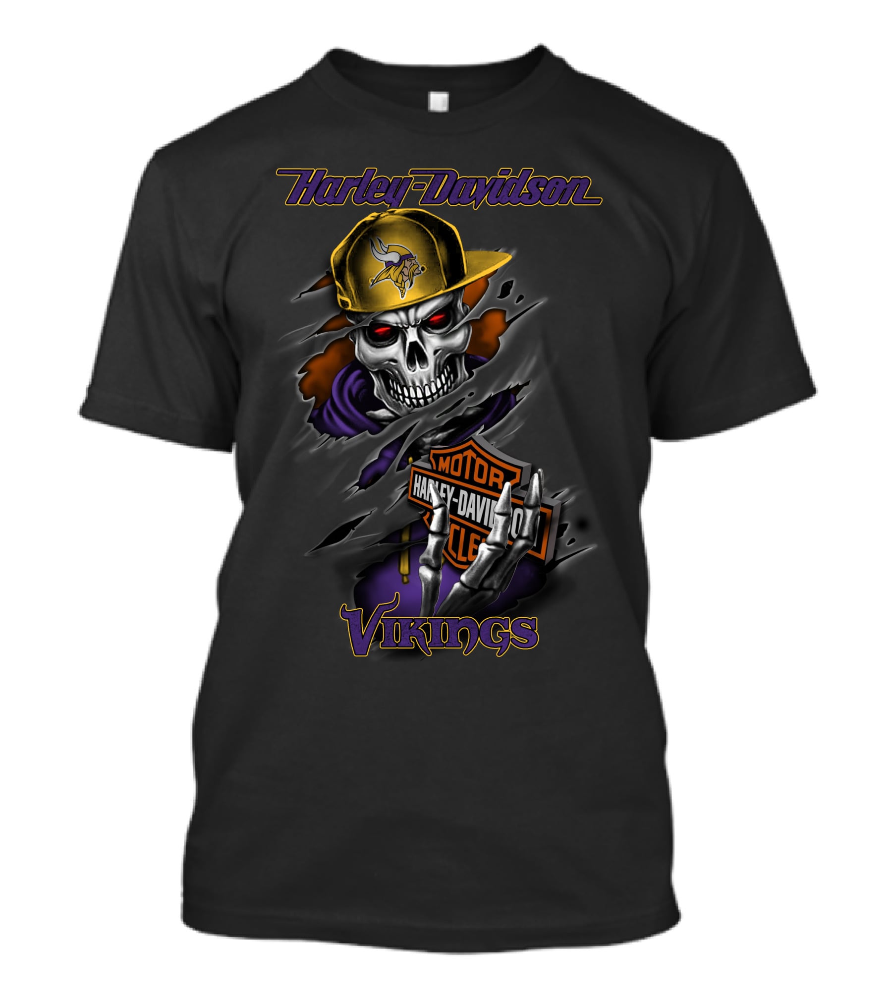 Harley Davidson Vikings Skull In Cap With Motorcycle T-Shirt