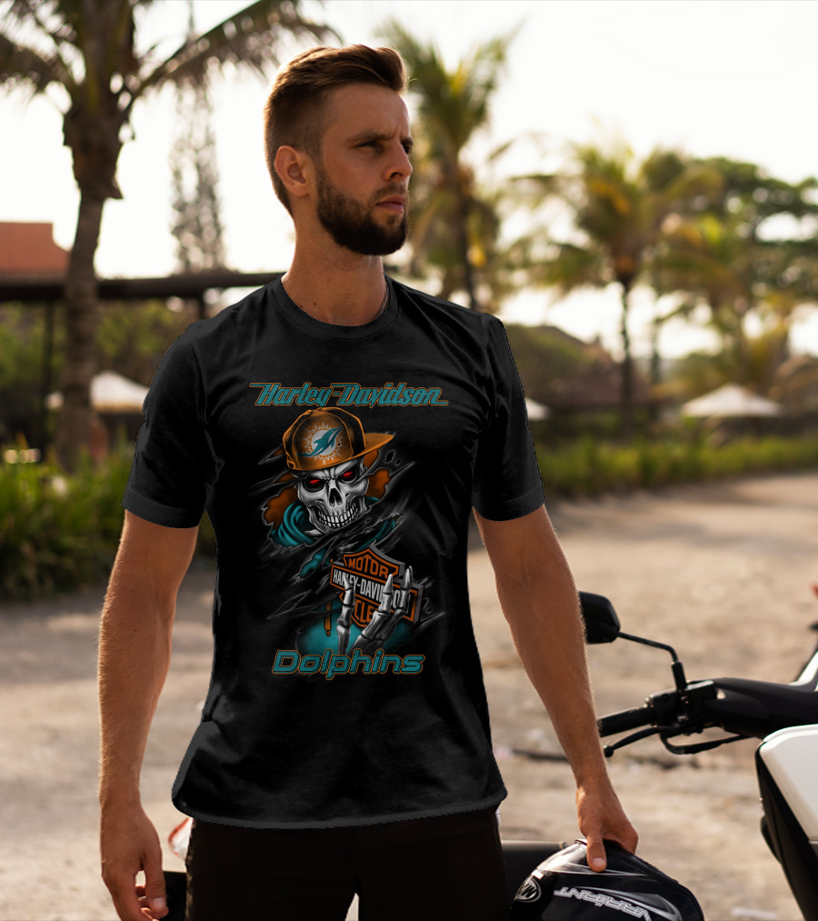 Harley Davidson Dolphins Motorcycle Skeleton With Miami Dolphins Cap T-Shirt