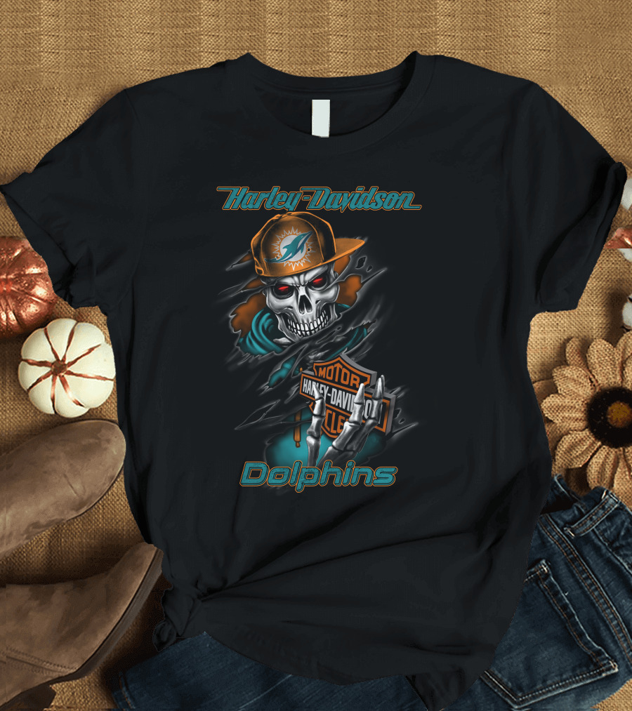 Harley Davidson Dolphins Motorcycle Skeleton With Miami Dolphins Cap T-Shirt
