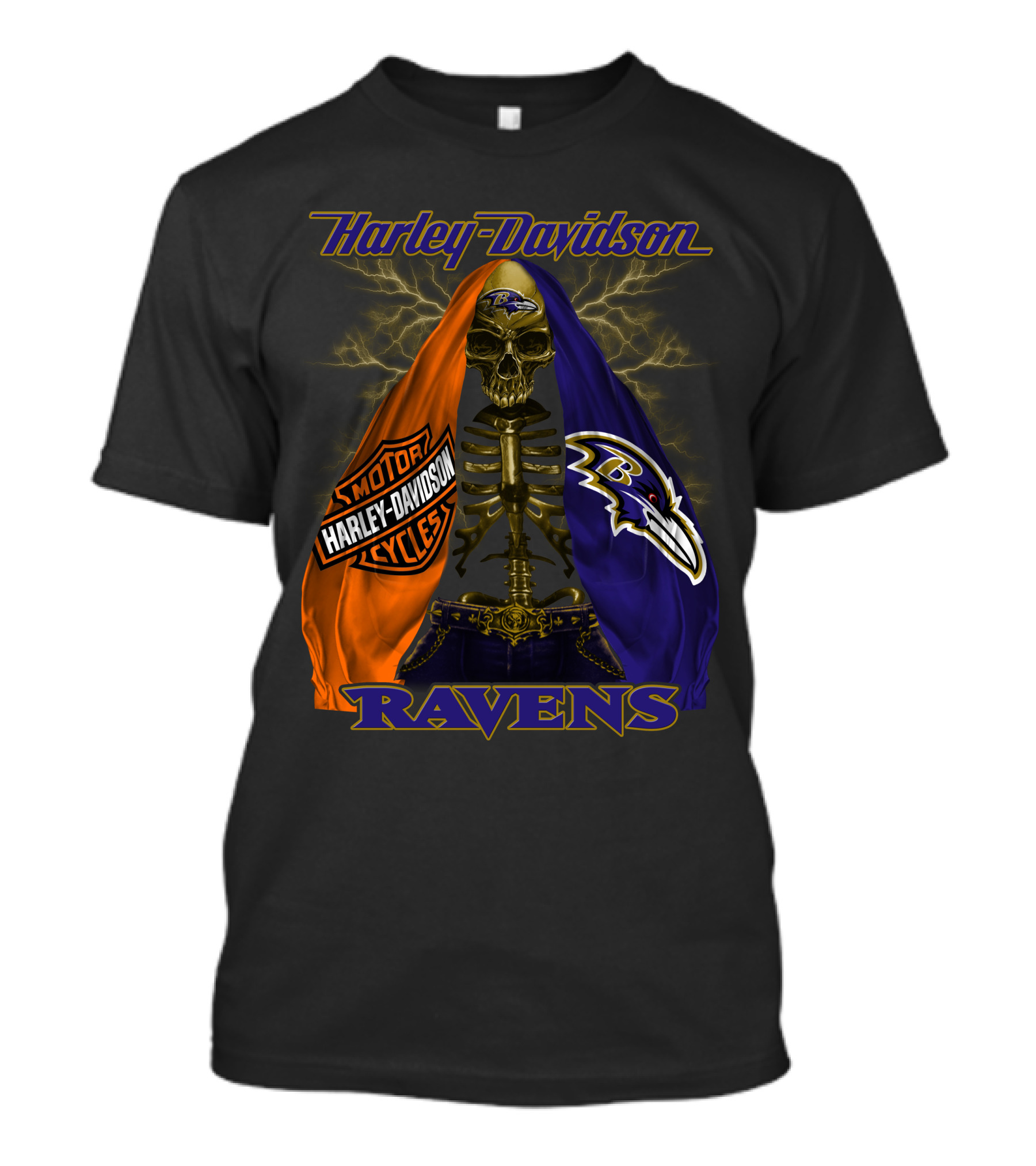 Harley Davidson Baltimore Ravens Motorcycles Skeleton Lightning T-Shirt