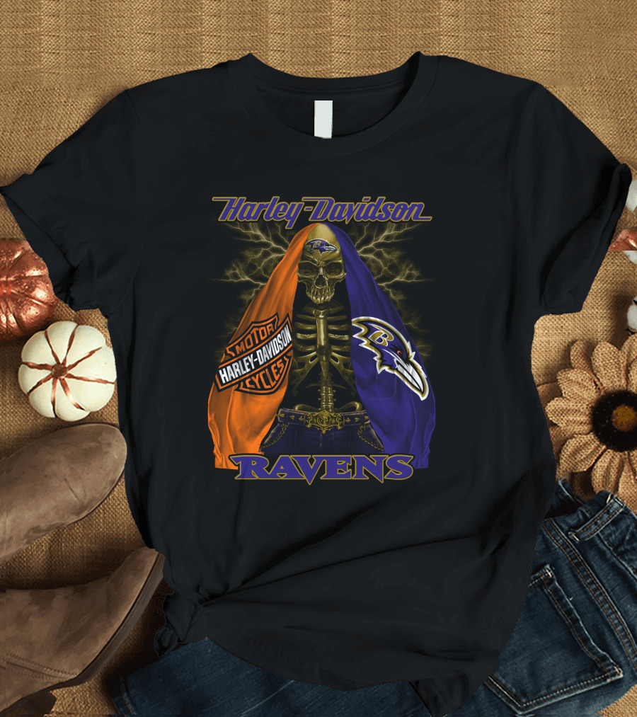 Harley Davidson Baltimore Ravens Motorcycles Skeleton Lightning T-Shirt