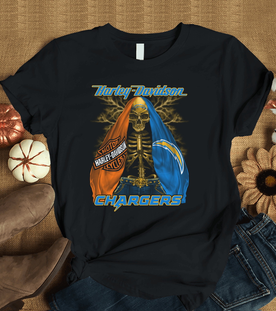 Harley Davidson Los Angeles Chargers Skeleton With Lightning Bolt And Motorcycle T-Shirt