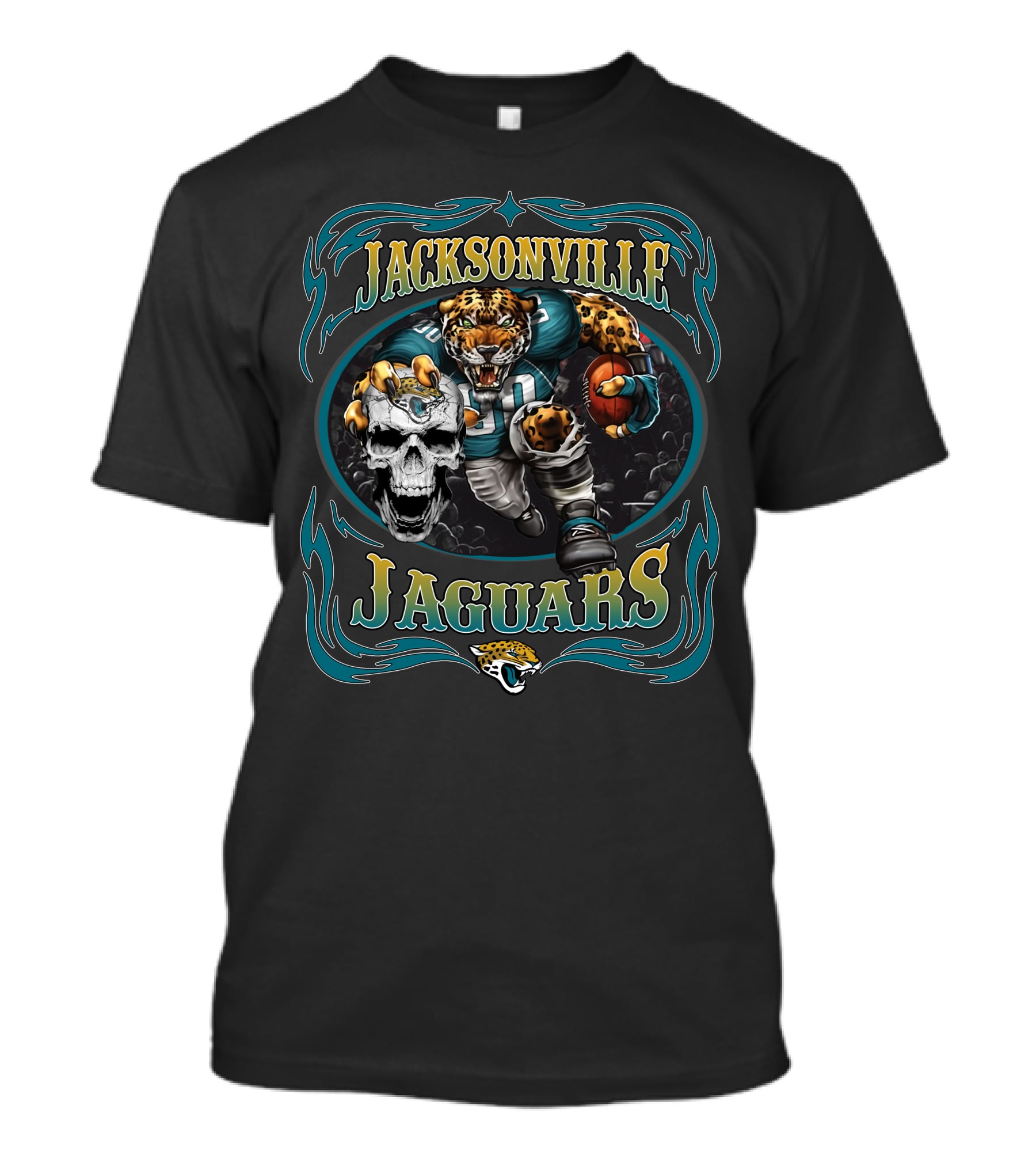 Jacksonville Jaguars Fierce Mascot And Skull Art With Teal Flames T-Shirt