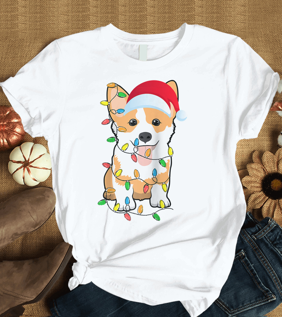 Christmas Corgi Funny Santa Hat Xmas Lights Raglan Baseball T-Shirt