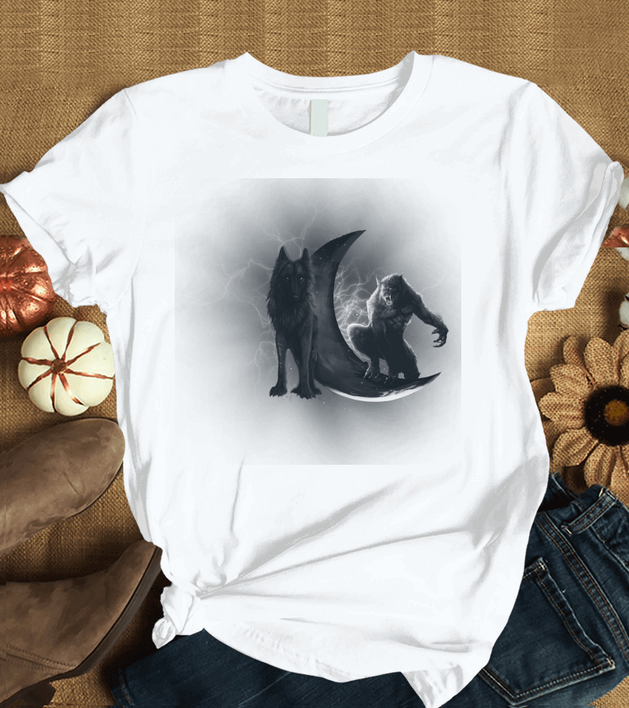 300219 Wolf and Werewolf on Crescent Moon with Lightning T-Shirt