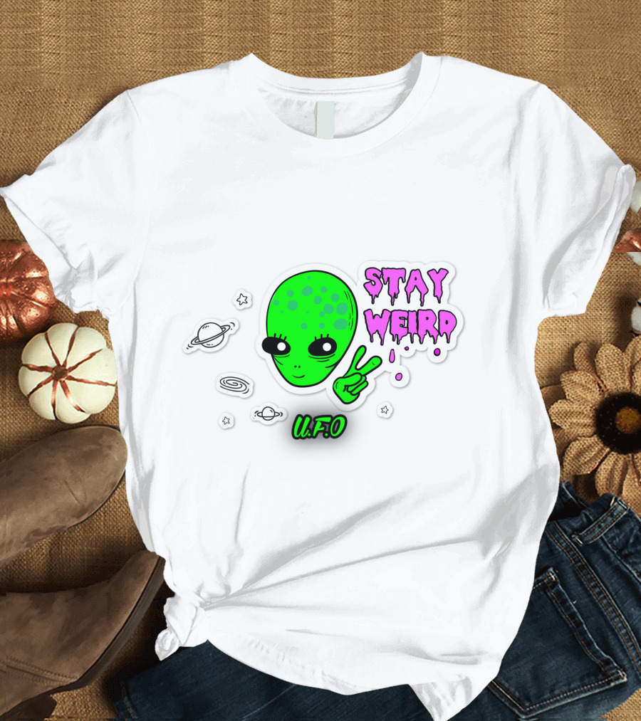 Stay Weird U.F.O. Alien Peace Sign Planet Stickers T-Shirt