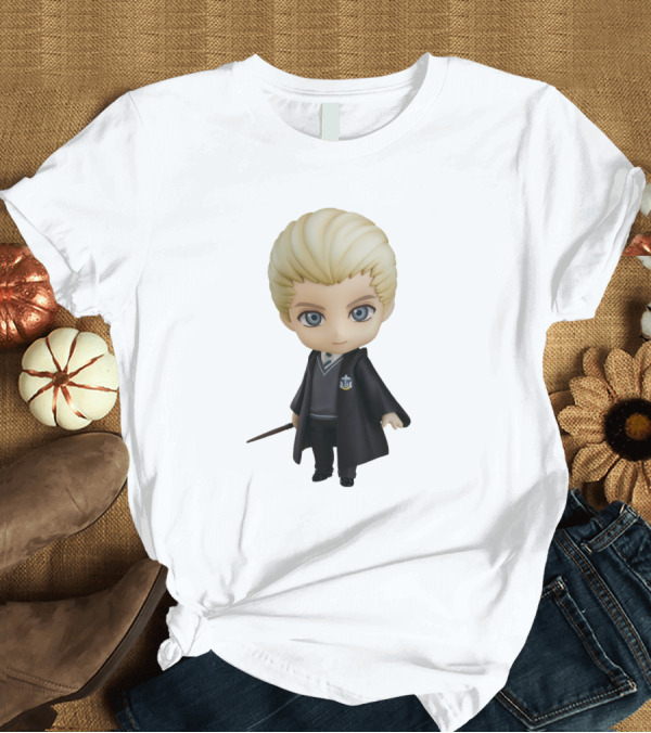 T-Shirt: Draco Malfoy Chibi Character in Black Cloak Displaying Wand T-Shirt Draco Malfoy Chibi Character in Black Cloak Displaying Wand T-Shirt