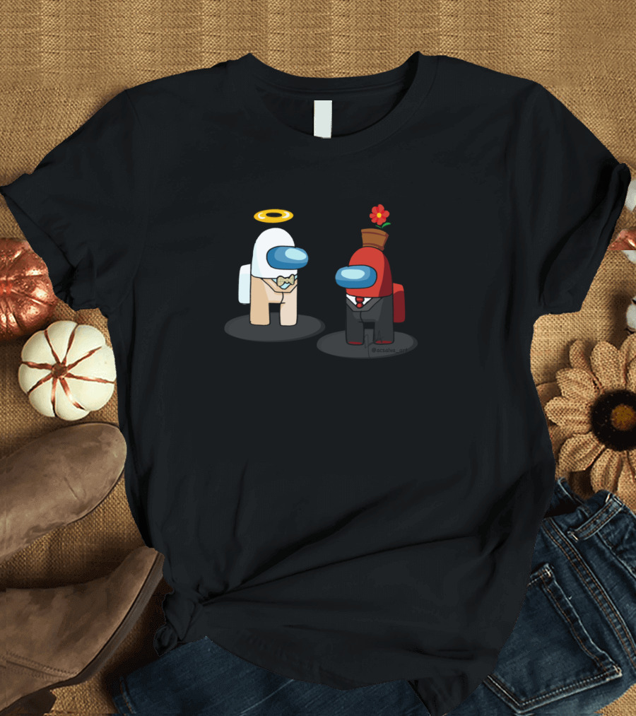 Among Us Ineffable Husbands Angel and Demon Characters in Suit and Bow Tie with Halo and Flowerpot Hat T-Shirt