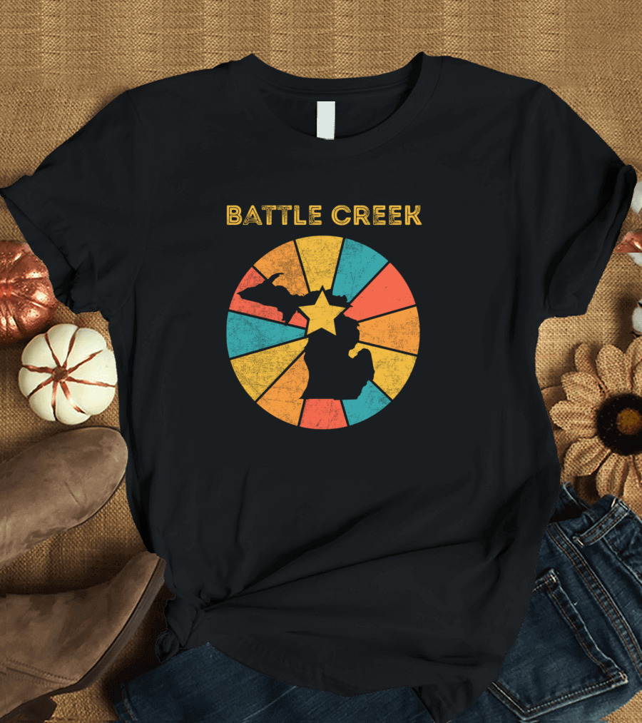 Battle Creek Michigan Vintage Retro Map Starburst T-Shirt