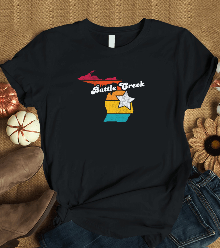 Battle Creek Michigan Retro Map with Star T-Shirt