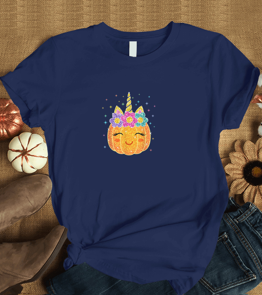 Cute Unicorn Pumpkin with Glittery Sparkling Flowers and Stars T-Shirt