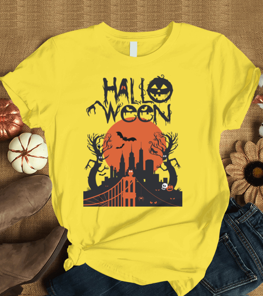 Halloween Cartoon City Skyline with Bats Jack-O'-Lanterns and Spooky Trees T-Shirt