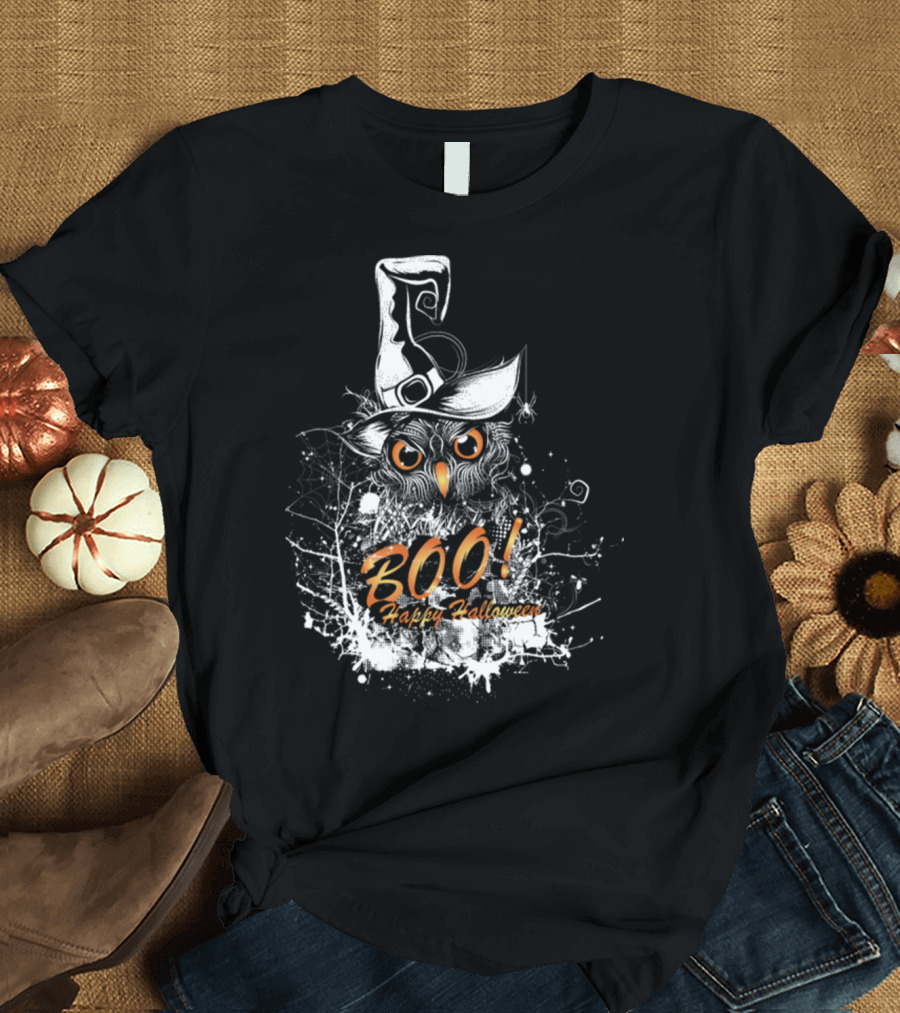 Boo Halloween Owl with Witch Hat Happy Halloween T-Shirt