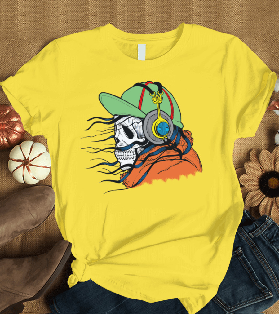 Skull with Headphones and Cap in Orange Hoodie T-Shirt