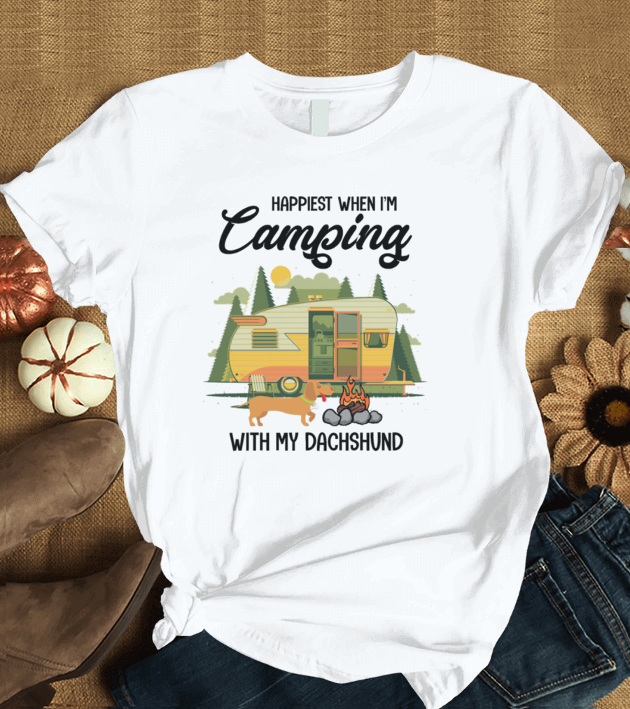 Happiest When I'm Camping with My Dachshund in a Retro Camper Scene T-Shirt