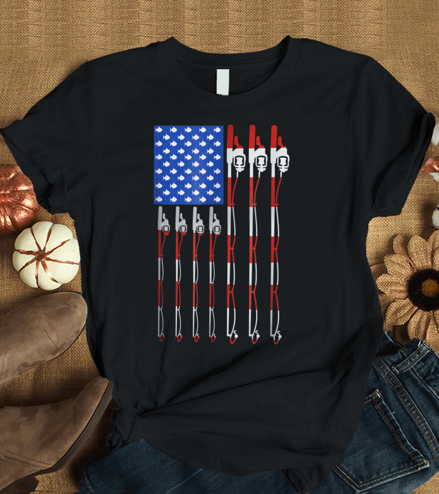 Vintage Distressed American Flag Fishing Poles with Fish T-Shirt